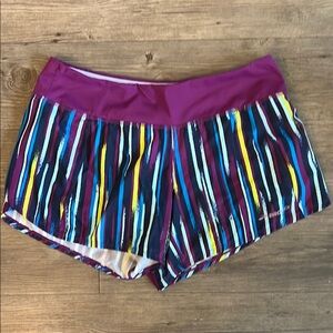 Brooks Purple and Blue Athletic Shorts with Dynamic Stripes